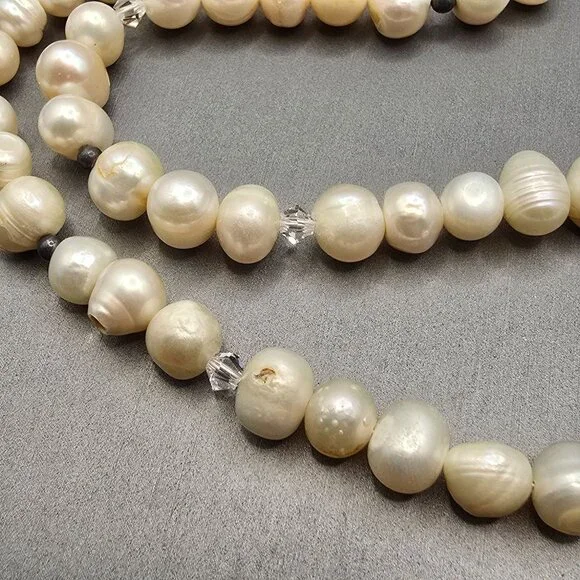 VTG White Graduated Baroque Pearl Necklace 22" Sterling Toggle Crystal Accents - Picture 3 of 13